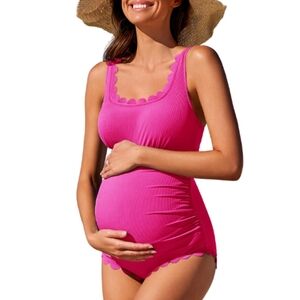 Summer Mae Ribbed Maternity One Piece Swimsuit Scalloped Cut Out Pregnancy